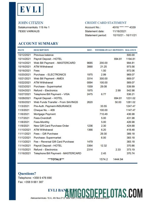 Extrato bancário realista da Finlândia Evli Bank PLC, modelo fácil de preencher em formato Excel e PDF